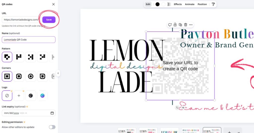Next, enter your destination URL, and optionally name your code and select your preferred corner style.