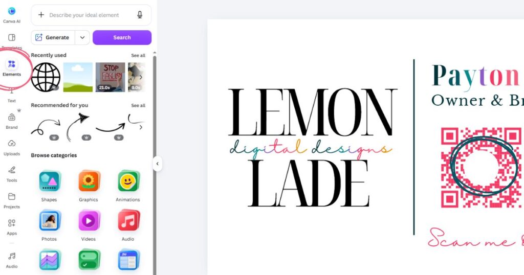 First, go to Elements and search for a circle shape. Add it to your design, match its background color to your canvas or QR background, and size it so it covers right over that Canva logo.