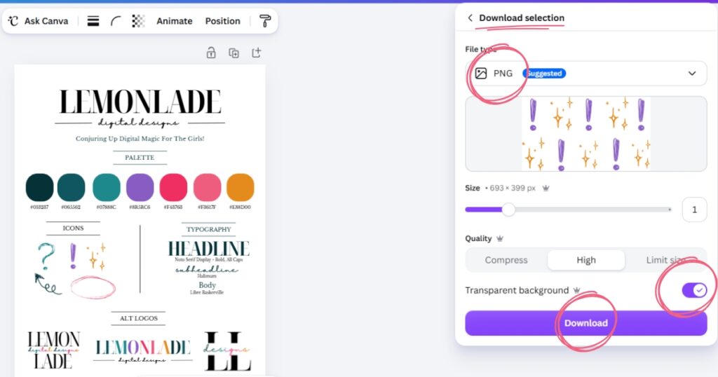 Step 8: Find the pattern in the brand kit, change the colors to your heart's content, and make sure the pattern elements are regrouped. Right-click and 'Download Selection' as a PNG with a transparent background.