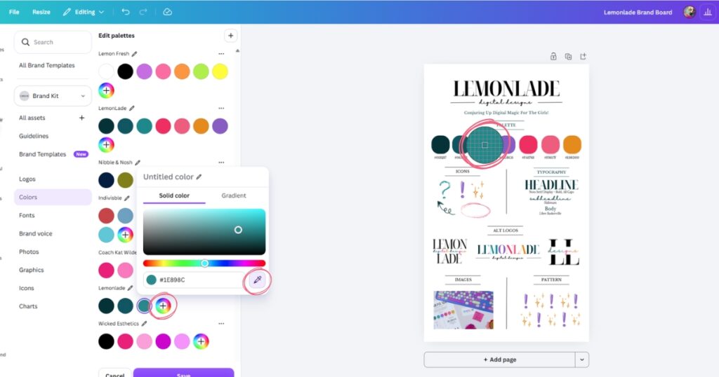 Step 4: select the rainbow circle with the plus sign, grab the eye-dropper tool, and hover it over your first brand color. Click the color and then repeat the process until all your colors are safely dropped into your kit.