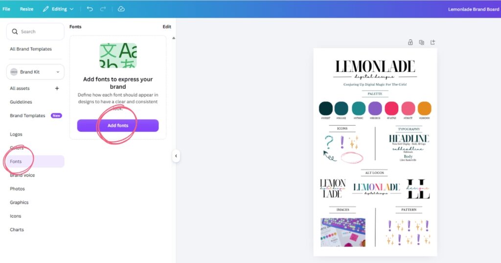 Step 5: Click fonts and add fonts
