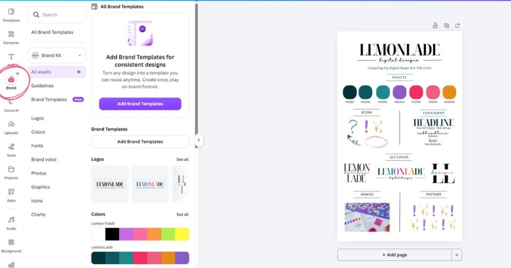 Step 2: Selecting the fourth icon down in the Canva sidebar to open the Brand Hub.