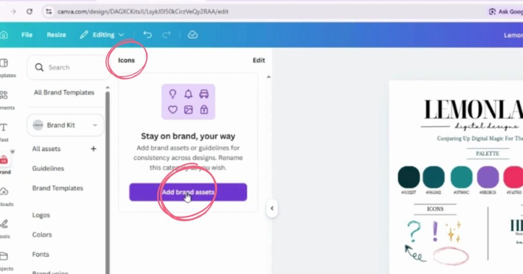 Step 7: Back in Canva click 'Add brand assets'