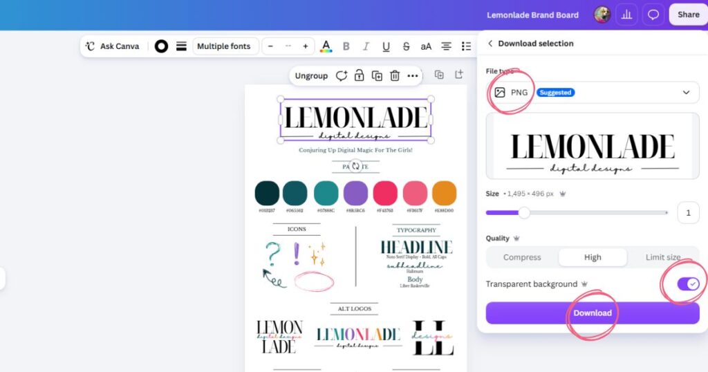 Step 3: Selecting the PNG option and transparent background in the Canva download menu.
