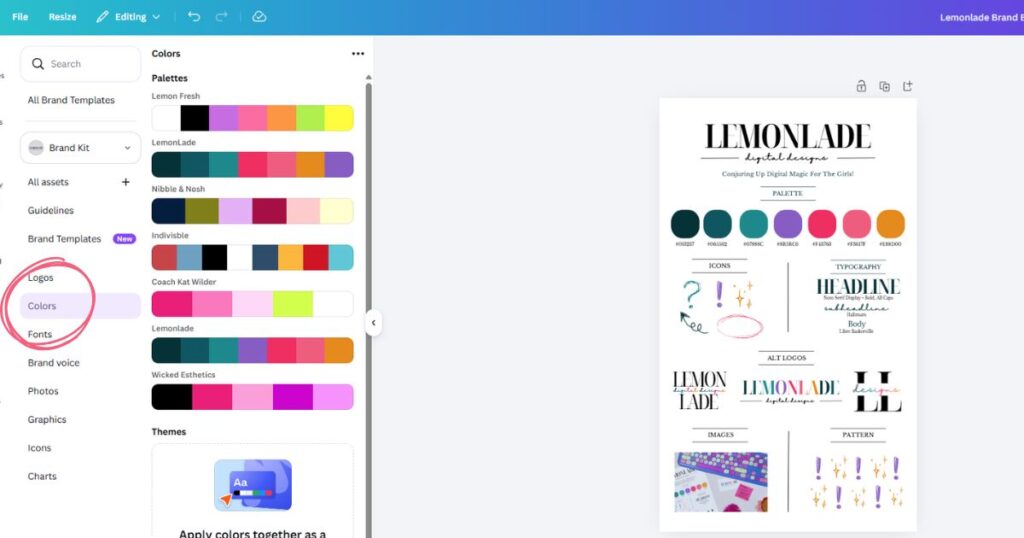 Step 4: Select 'Colors' in the left-hand brand bar. 