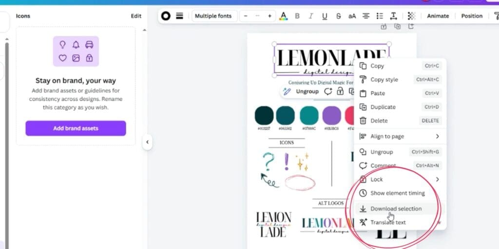 Step 3: Right-click one of your grouped logos and select 'Download Selection' at the bottom of the menu.