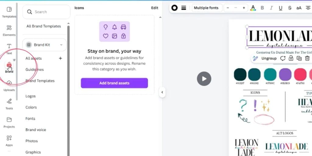Step 2: Selecting the fourth icon down in the Canva sidebar to open the Brand Hub.