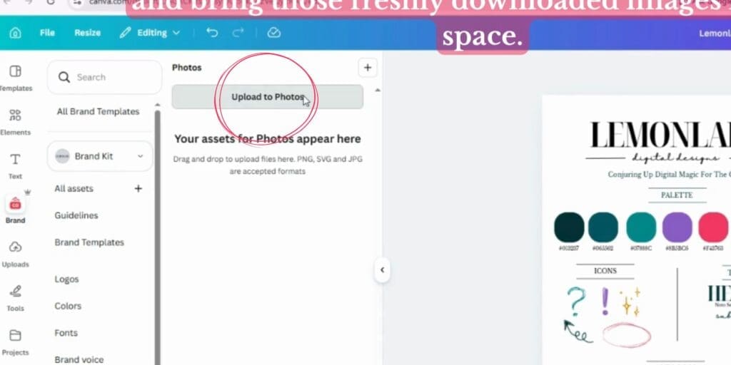Step 6: then 'Upload to Photos' and bring those freshly downloaded images into the space.