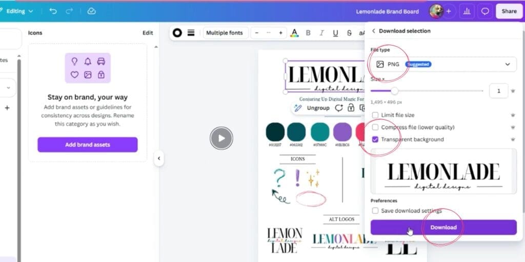Step 3: Selecting the PNG option and transparent background in the Canva download menu.