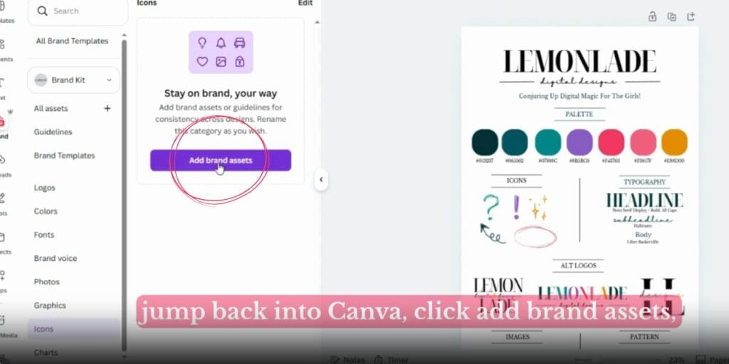 Step 7: Back in Canva click 'Add brand assets'