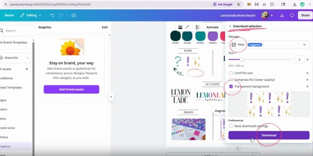 Step 8: Find the pattern in the brand kit, change the colors to your heart's content, and make sure the pattern elements are regrouped. Right-click and 'Download Selection' as a PNG with a transparent background.