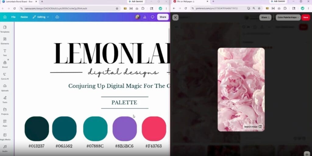 Step 1: A side-by-side screenshot showing the Canva design editor in one window and a reference image with a vibrant color palette in another, demonstrating the setup for color picking.