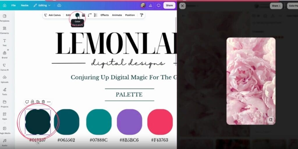 Step 2: A close-up view of the Canva top toolbar with the color circle menu selected and highlighted.