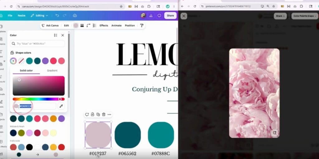 Step 5: The Canva color box displaying the new hex code in the bottom left corner after the color has been successfully conjured.