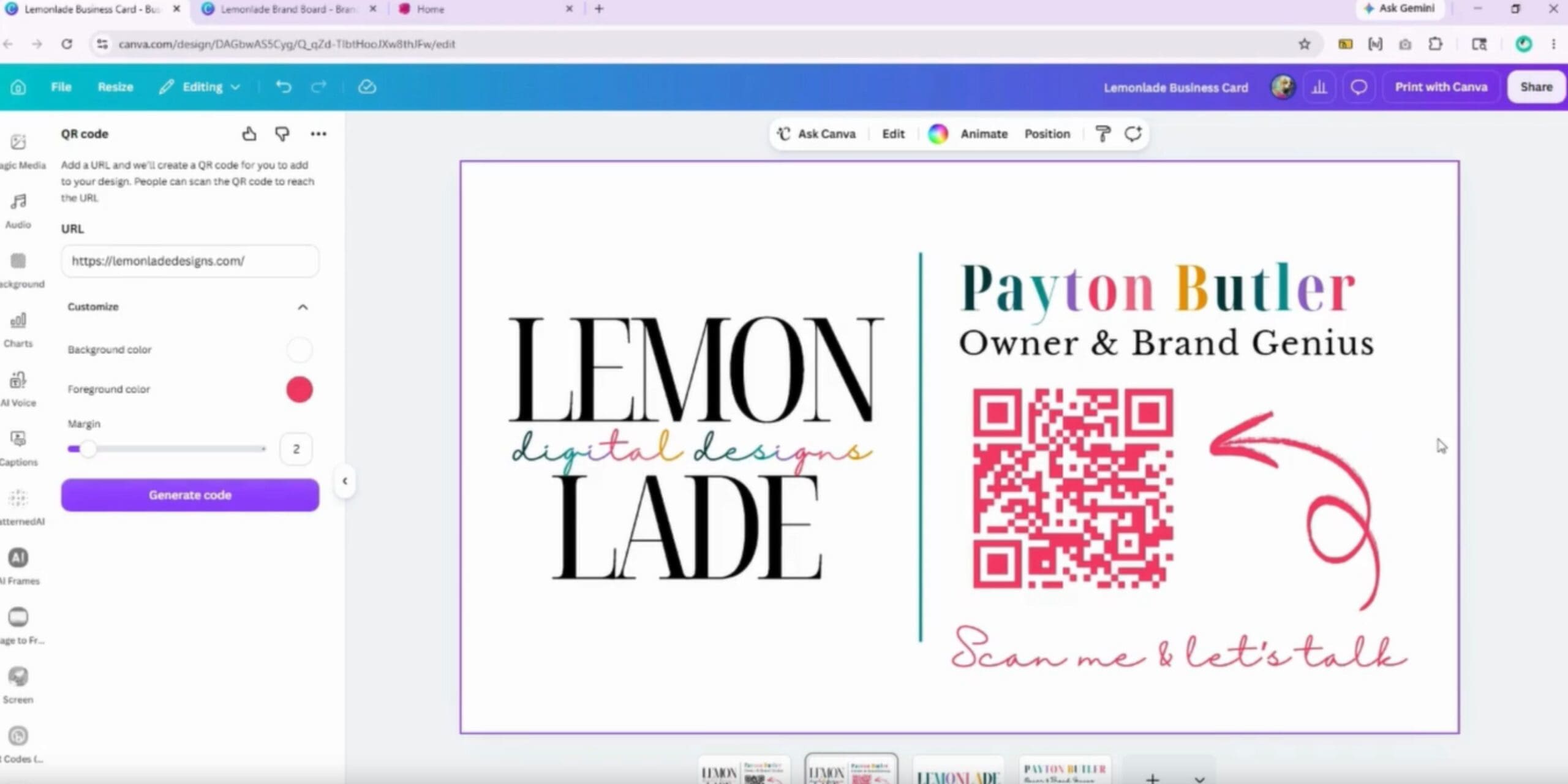 A mock-up of a professional business card featuring a custom-colored, branded QR code in the corner, demonstrating a seamless transition from a physical card to a digital link.