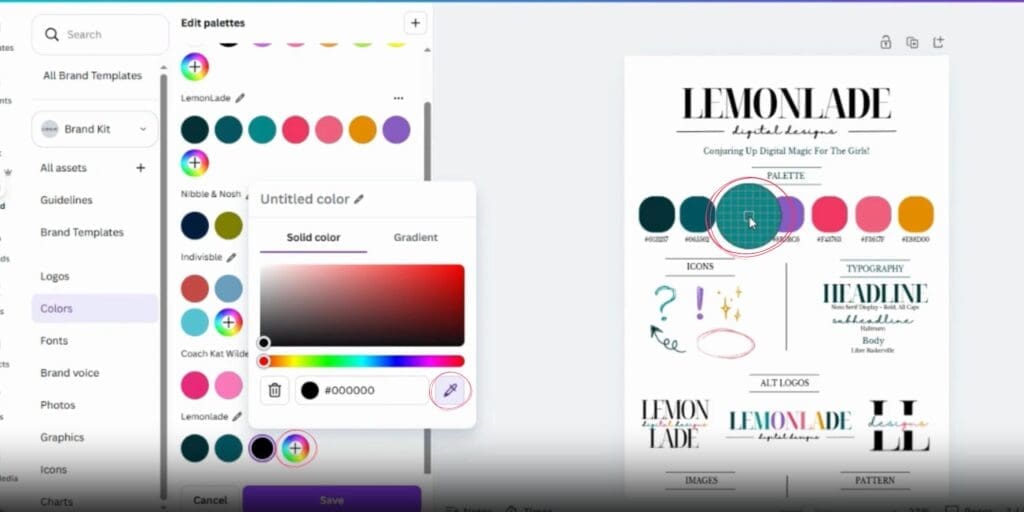 Step 4: select the rainbow circle with the plus sign, grab the eye-dropper tool, and hover it over your first brand color. Click the color and then repeat the process until all your colors are safely dropped into your kit.