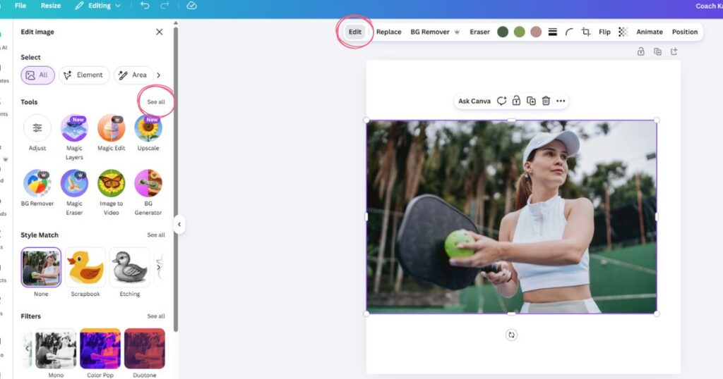 Select your image on the canvas, then head to the Edit button in the top toolbar. A pop-up menu will appear on the left—select See all under the "Tools" section to reveal your options.