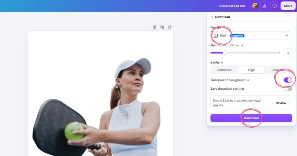 Step 5: The Canva download dialog box displayed on a desktop, with the 'PNG' file type and 'Transparent background' option checked.