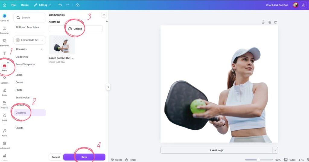 Step 6: The Canva Brand Hub interface on a desktop screen, showing a new transparent cutout graphic being saved for future use.